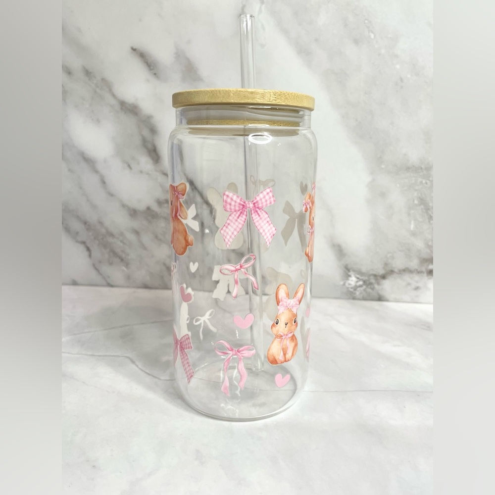 Cute Bunny Glass Tumbler with Straw